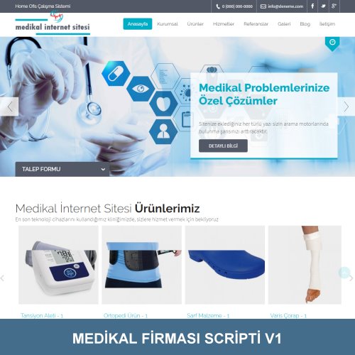 Medikal Scripti V1, PDO & MySQL ile kodlanmış medikal firmalarına web sitesi kurmak için hazırlanmış şık tasarımlı, mobil uyumlu scripttir.